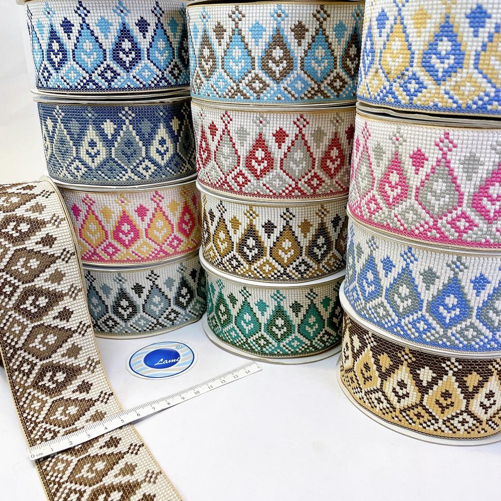 52mm Premium Cross-Stitch Jacquard Ribbon - Ethnic Geometric Border Lace for Garments & Crafts, view 1
