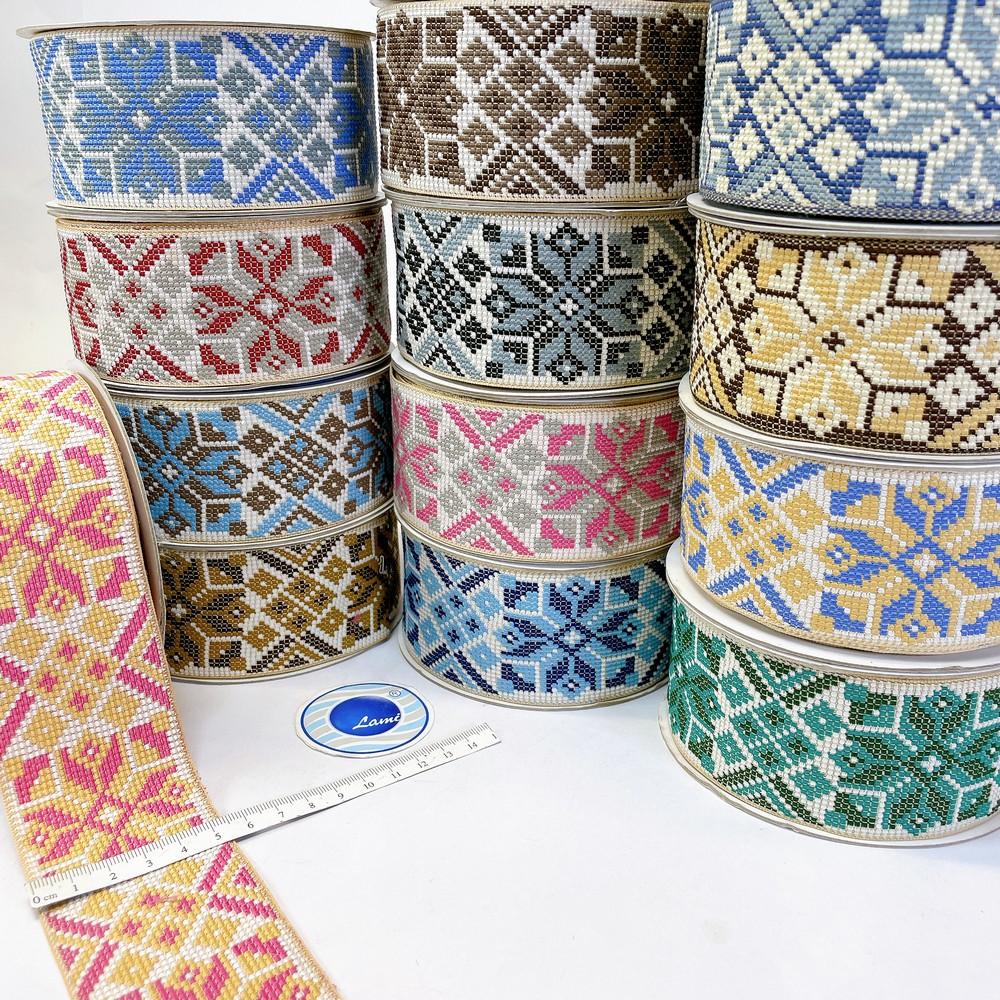 52mm Premium Cross-Stitch Jacquard Ribbon - Ethnic Geometric Border Lace for Garments & Crafts, view 1