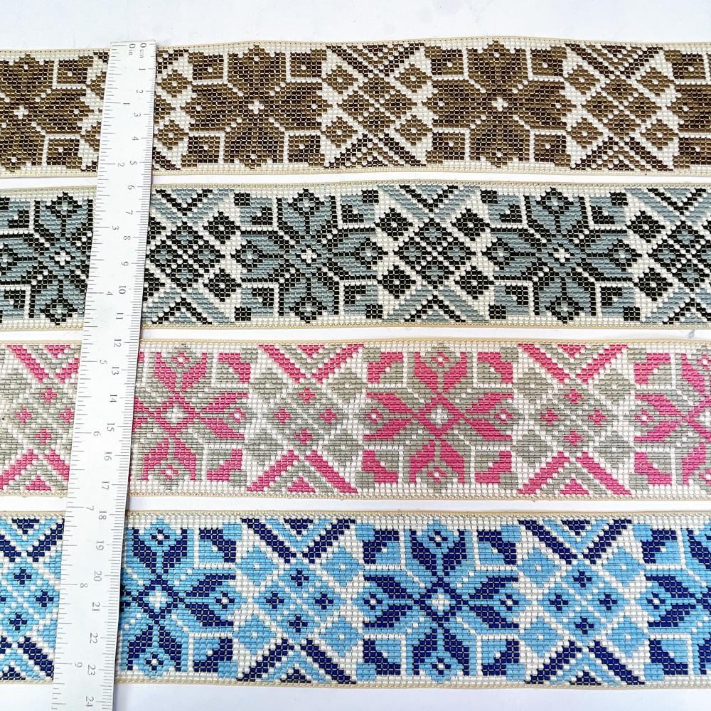 52mm Premium Cross-Stitch Jacquard Ribbon - Ethnic Geometric Border Lace for Garments & Crafts, view 3
