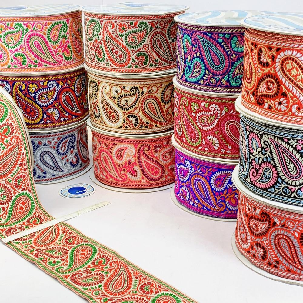 74mm Premium Woven Jacquard Paisley Ribbon | High-Density Ethnic Trim | Paisley Border for Garments and Accessories, view 1