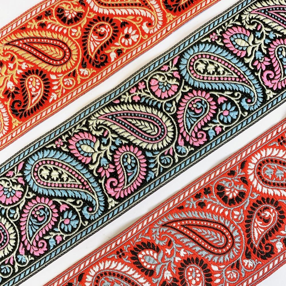 74mm Premium Woven Jacquard Paisley Ribbon | High-Density Ethnic Trim | Paisley Border for Garments and Accessories, view 6
