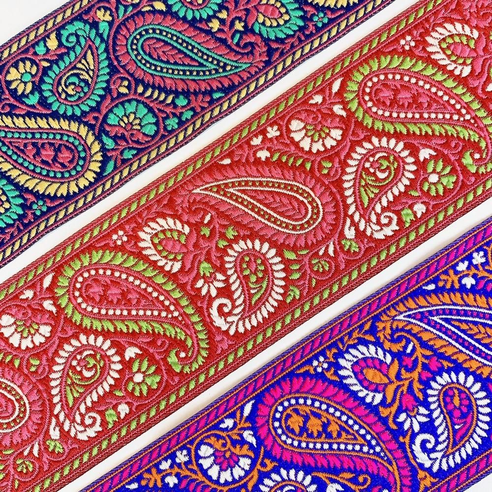 74mm Premium Woven Jacquard Paisley Ribbon | High-Density Ethnic Trim | Paisley Border for Garments and Accessories, view 7