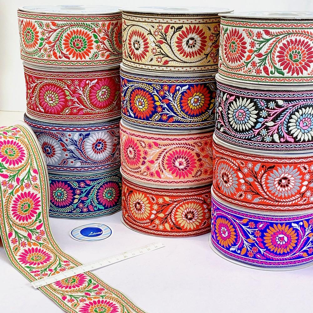 55mm Premium Floral Woven Jacquard Ribbon | Sunflower Motif Ethnic Trim | 2.2-Inch Multi-Color Jacquard Border for Garments, view 1