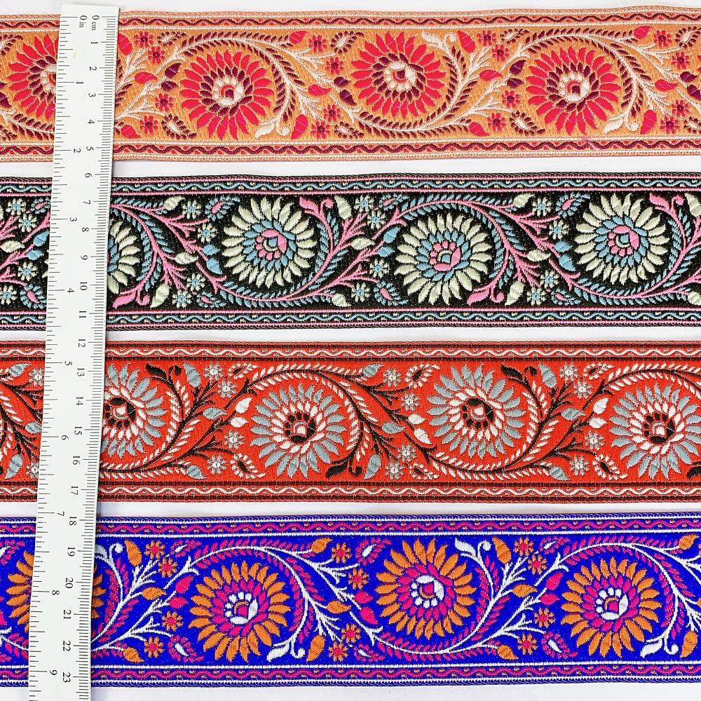 55mm Premium Floral Woven Jacquard Ribbon | Sunflower Motif Ethnic Trim | 2.2-Inch Multi-Color Jacquard Border for Garments, view 3