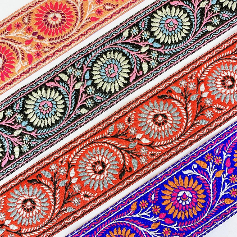 55mm Premium Floral Woven Jacquard Ribbon | Sunflower Motif Ethnic Trim | 2.2-Inch Multi-Color Jacquard Border for Garments, view 6