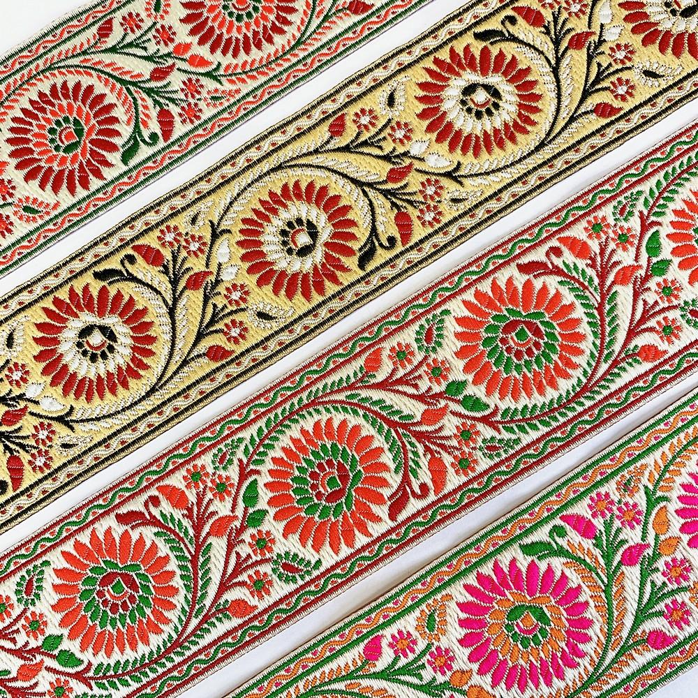 55mm Premium Floral Woven Jacquard Ribbon | Sunflower Motif Ethnic Trim | 2.2-Inch Multi-Color Jacquard Border for Garments, view 7