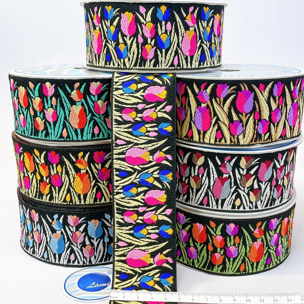 48mm Woven Jacquard Tulip Ribbon | Floral Garden Ethnic Trim | 1.9-Inch Multi-Color Jacquard Border for Boutique Fashion, view 1