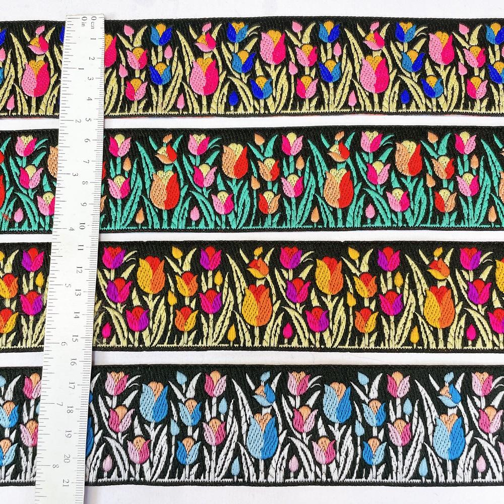 48mm Woven Jacquard Tulip Ribbon | Floral Garden Ethnic Trim | 1.9-Inch Multi-Color Jacquard Border for Boutique Fashion, view 2