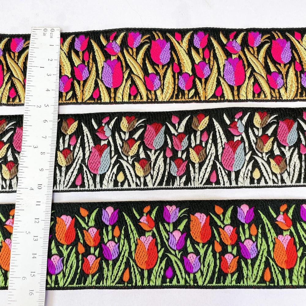48mm Woven Jacquard Tulip Ribbon | Floral Garden Ethnic Trim | 1.9-Inch Multi-Color Jacquard Border for Boutique Fashion, view 3