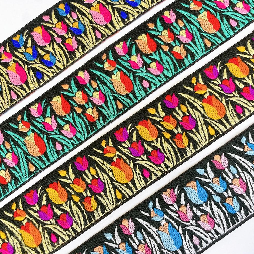 48mm Woven Jacquard Tulip Ribbon | Floral Garden Ethnic Trim | 1.9-Inch Multi-Color Jacquard Border for Boutique Fashion, view 4