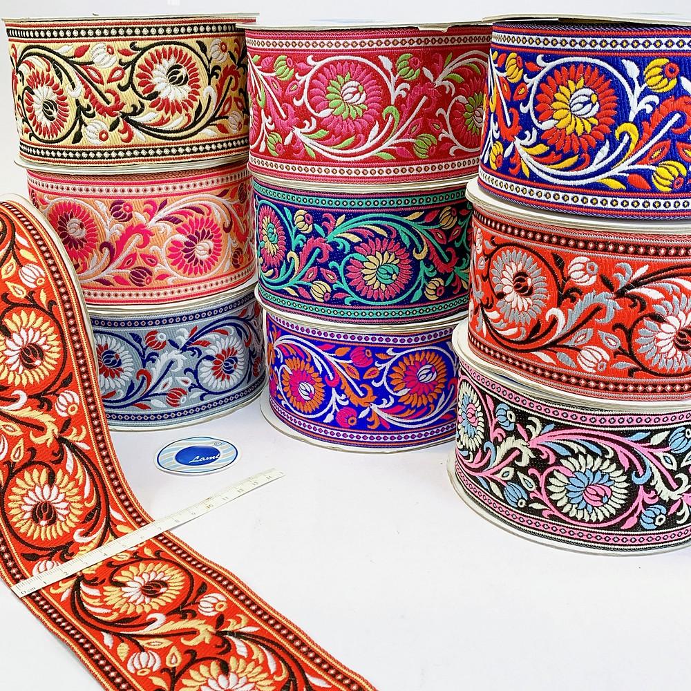 74mm Woven Jacquard Lotus & Vine Ribbon | Premium Ethnic Floral Trim | Wide Multi-Color Jacquard Border for Garments, view 1