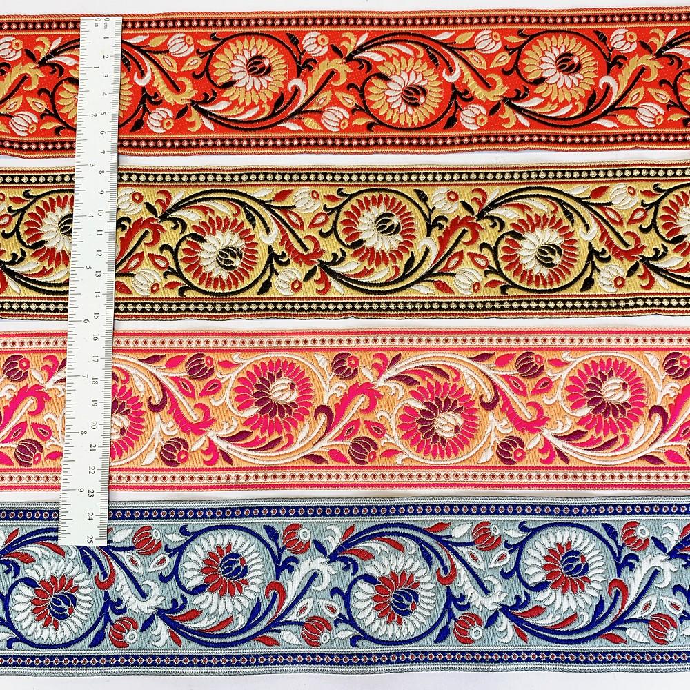 74mm Woven Jacquard Lotus & Vine Ribbon | Premium Ethnic Floral Trim | Wide Multi-Color Jacquard Border for Garments, view 2