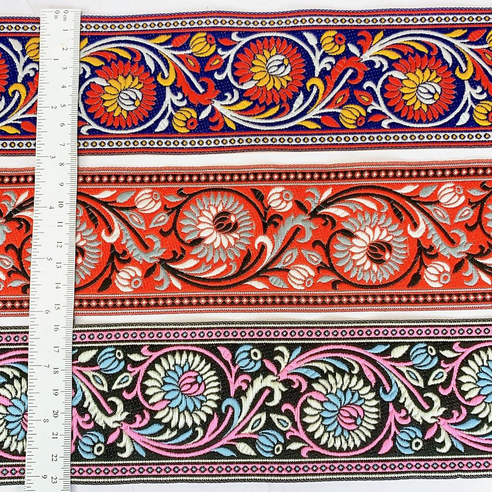 74mm Woven Jacquard Lotus & Vine Ribbon | Premium Ethnic Floral Trim | Wide Multi-Color Jacquard Border for Garments, view 3