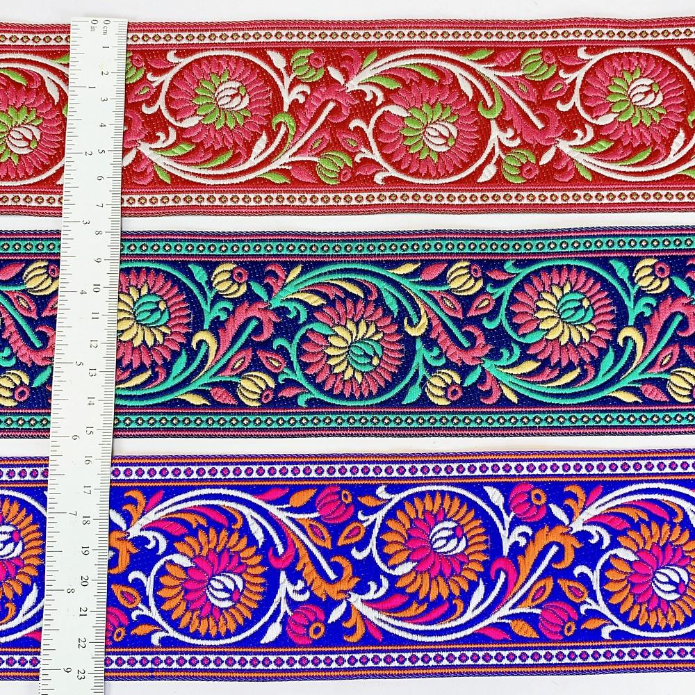 74mm Woven Jacquard Lotus & Vine Ribbon | Premium Ethnic Floral Trim | Wide Multi-Color Jacquard Border for Garments, view 4