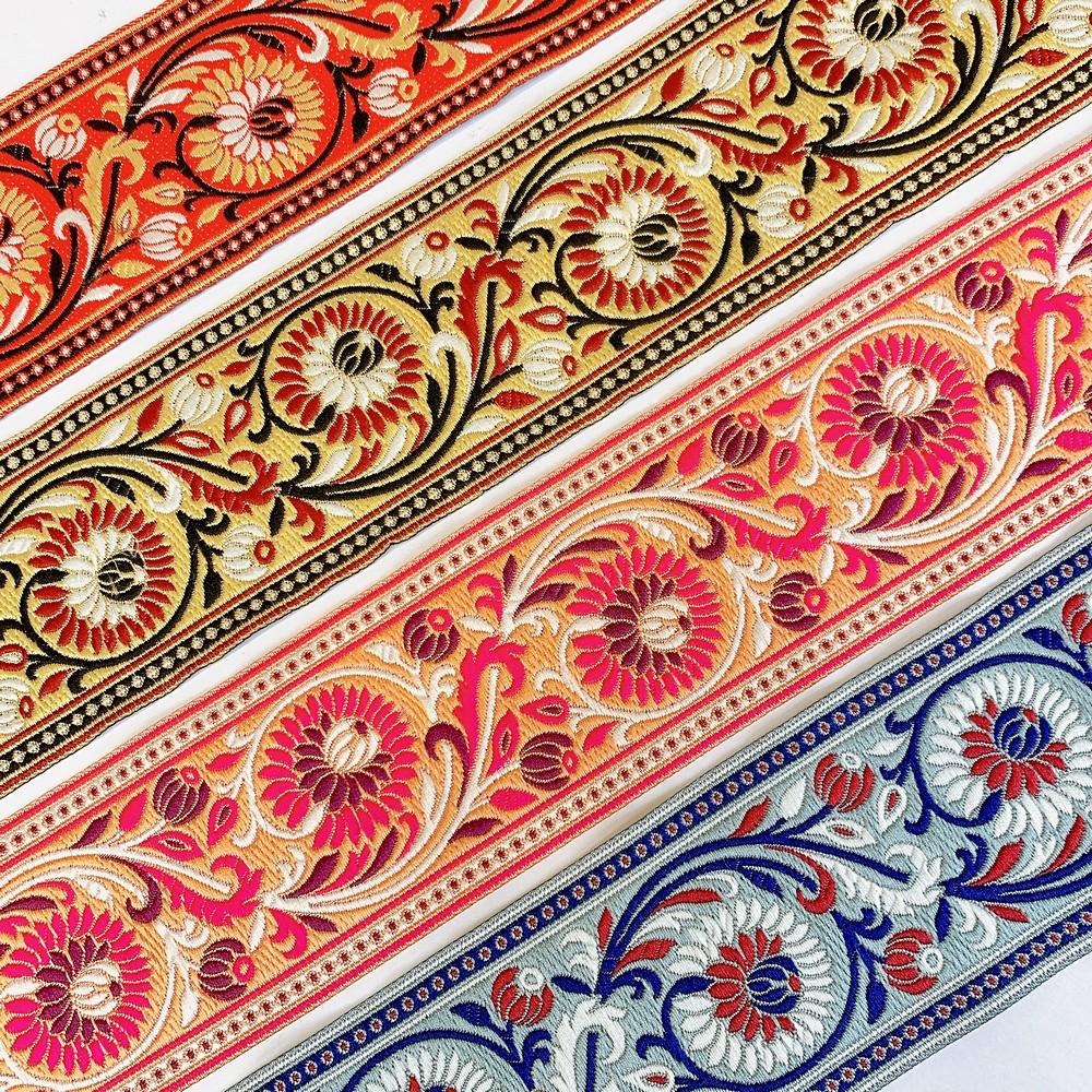 74mm Woven Jacquard Lotus & Vine Ribbon | Premium Ethnic Floral Trim | Wide Multi-Color Jacquard Border for Garments, view 5