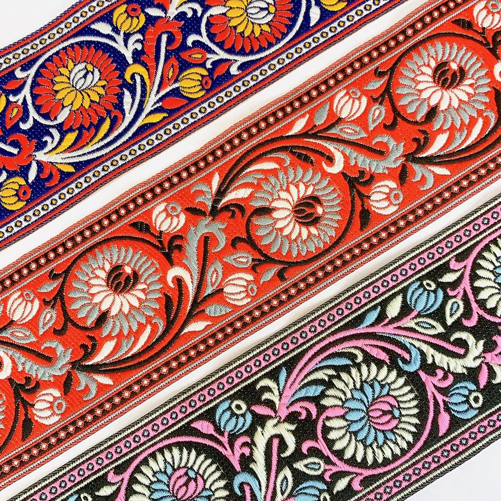 74mm Woven Jacquard Lotus & Vine Ribbon | Premium Ethnic Floral Trim | Wide Multi-Color Jacquard Border for Garments, view 6