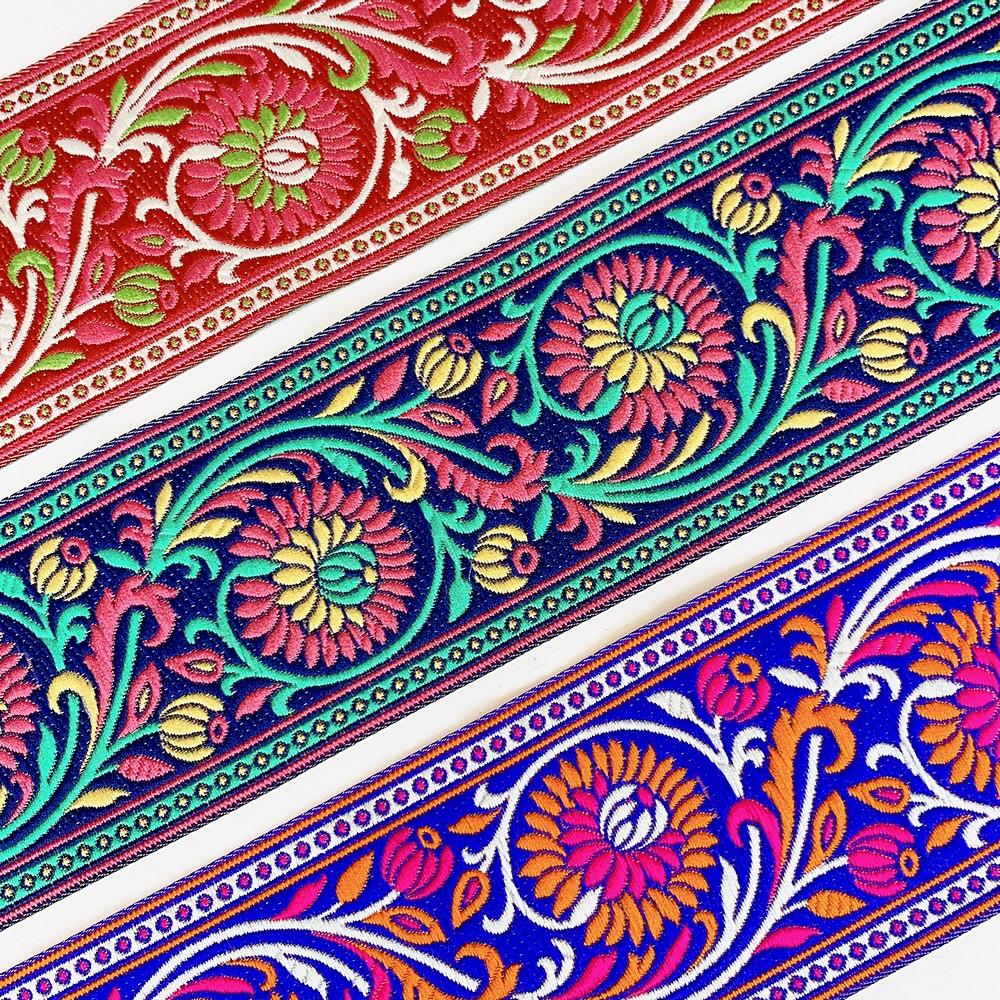 74mm Woven Jacquard Lotus & Vine Ribbon | Premium Ethnic Floral Trim | Wide Multi-Color Jacquard Border for Garments, view 7