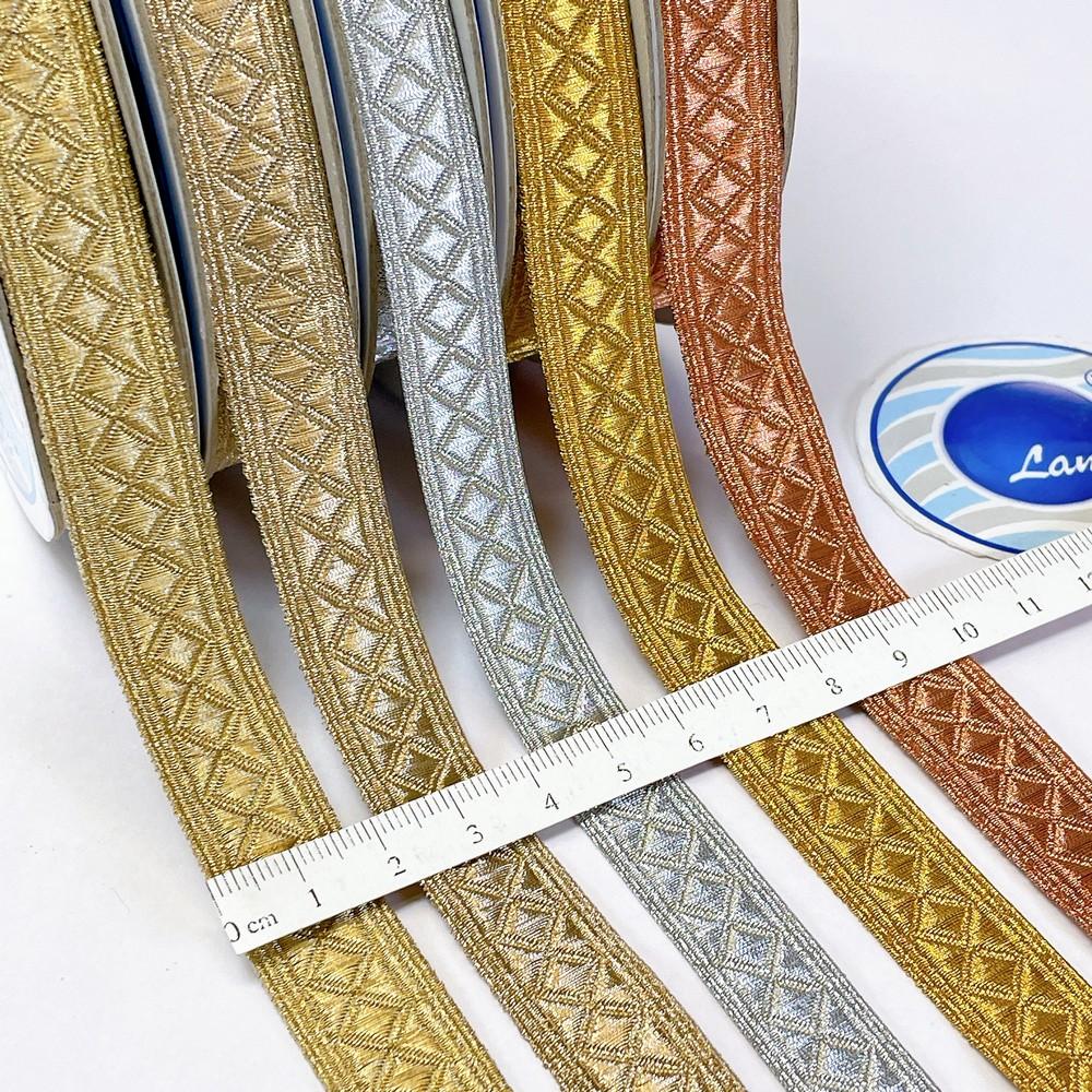 15mm Textured Metallic Diamond Motif Woven Jacquard Ribbon, view 1