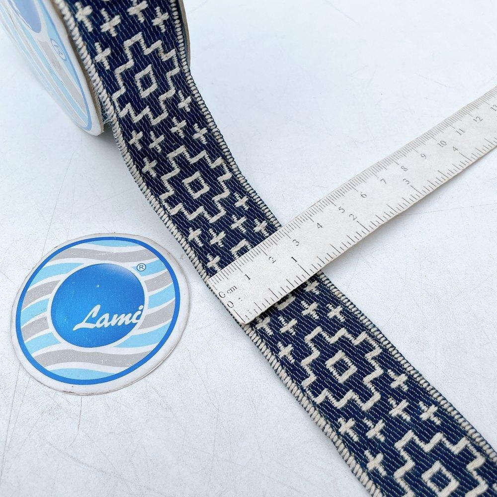 32mm Wide Denim-Blue Jacquard Ribbon - Aztec Cross Pattern Decorative Trim, view 1