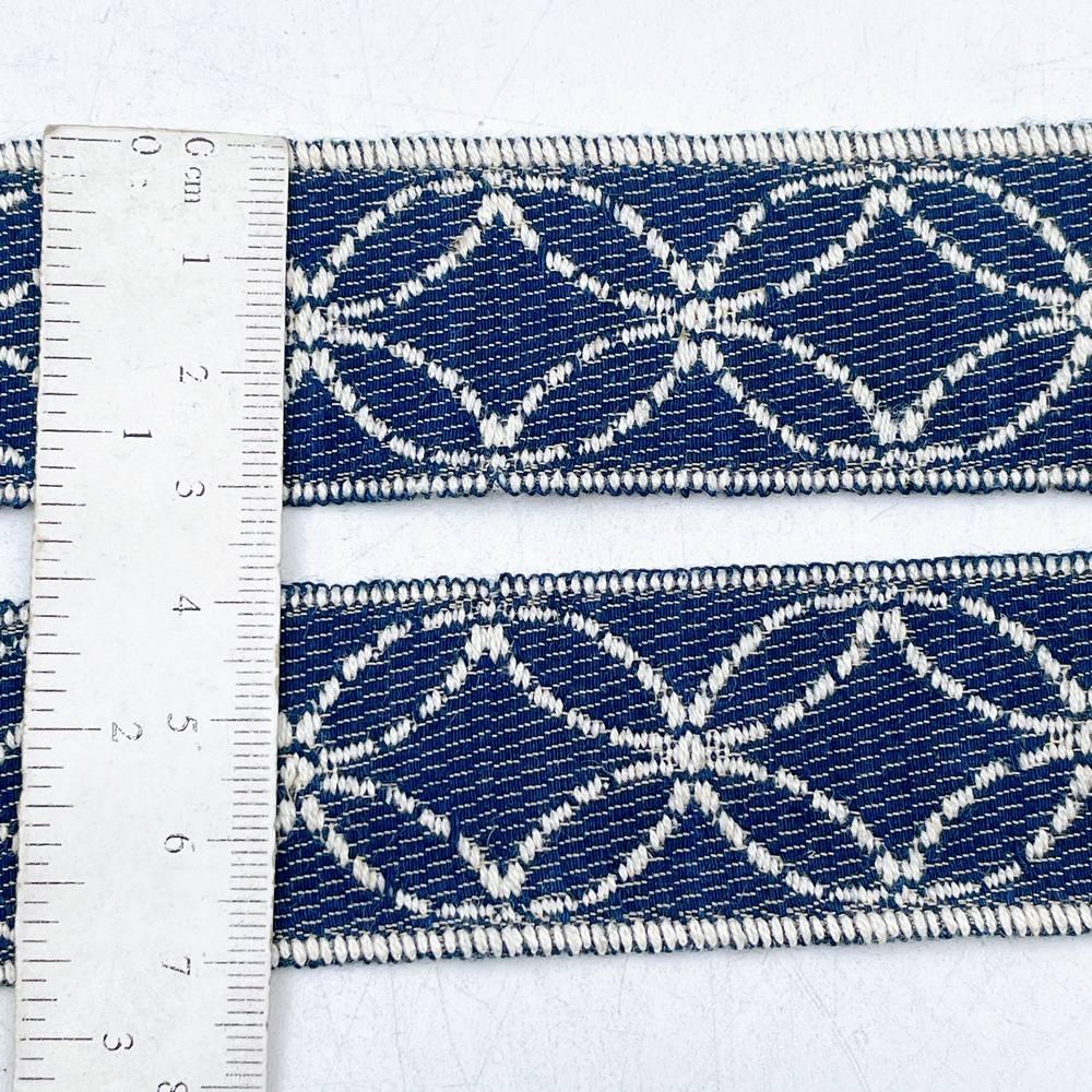 32mm Denim-Blue Jacquard Ribbon - Sashiko Starburst Floral Border Tape, view 2