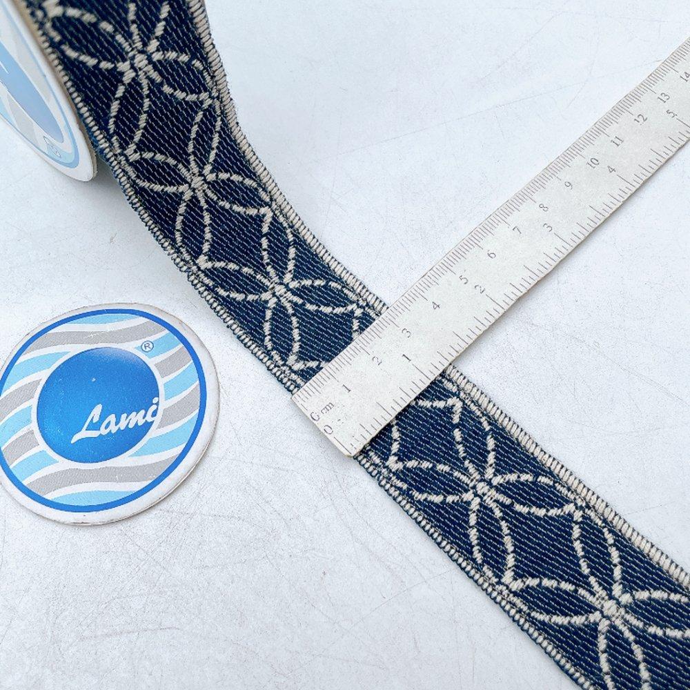 32mm Denim-Blue Jacquard Ribbon - Sashiko Starburst Floral Border Tape, view 1