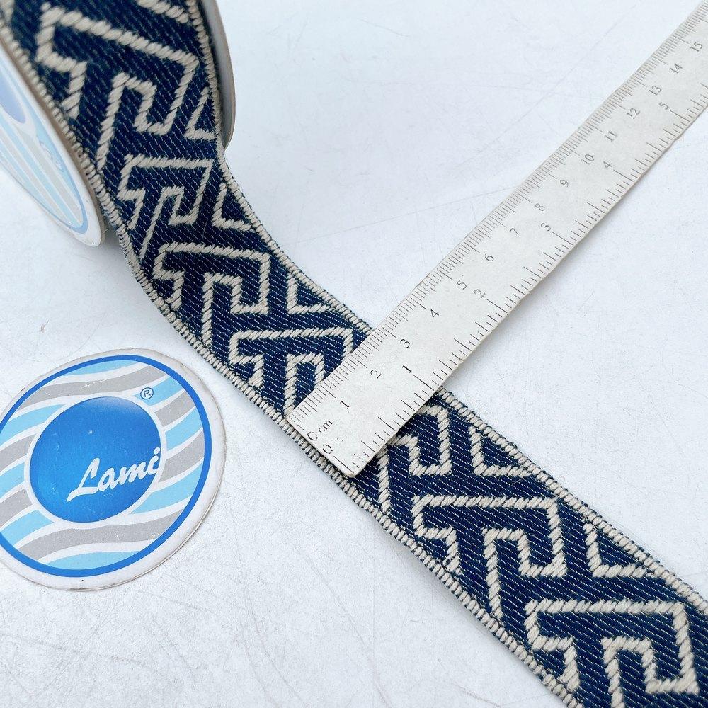 32mm Wide Woven Jacquard Denim-Blue Ribbon - Diagonal Zig-Zag Labyrinth Trim, view 1