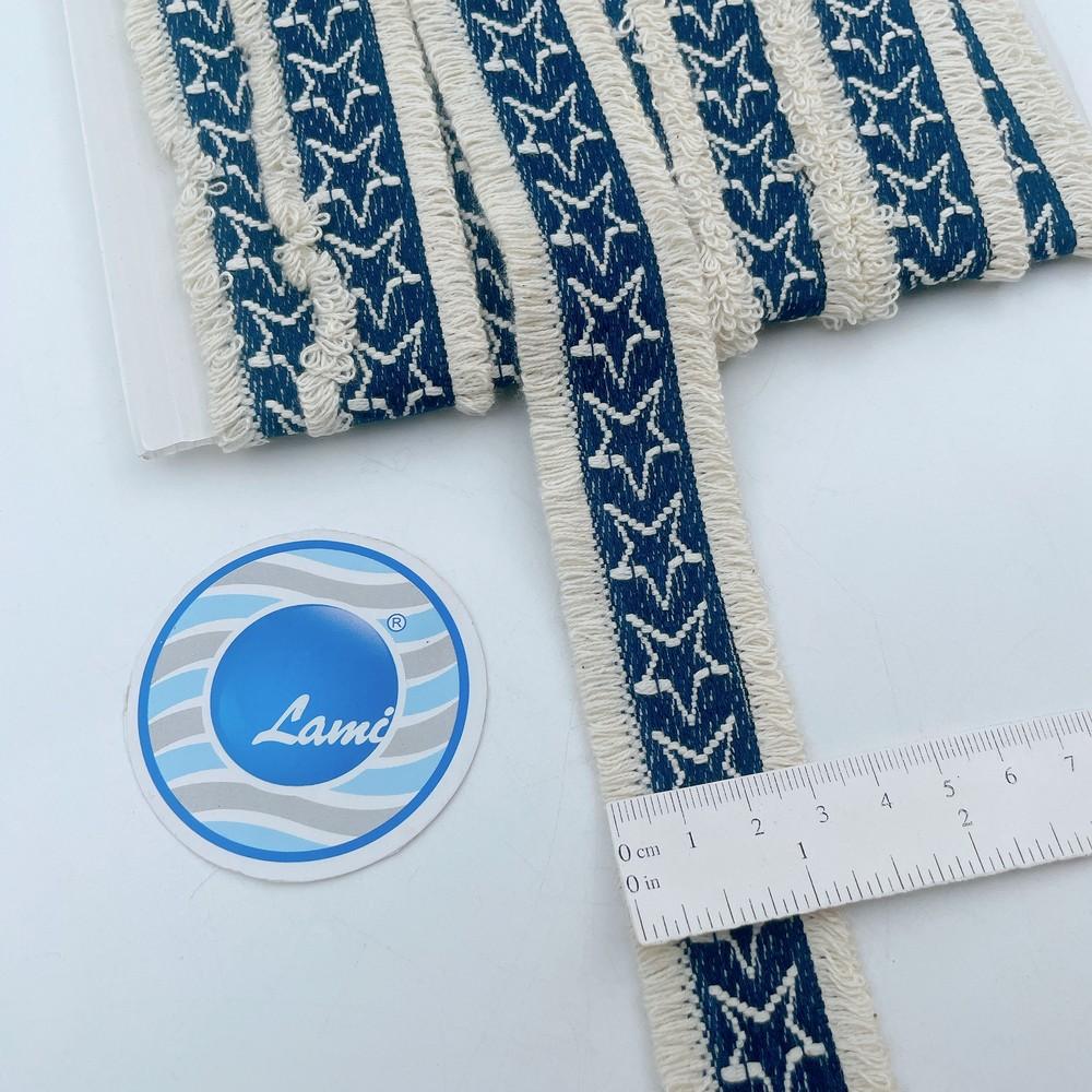 30mm Designer Denim Fringe Trim with Geometric Pattern for Creative Use, view 1