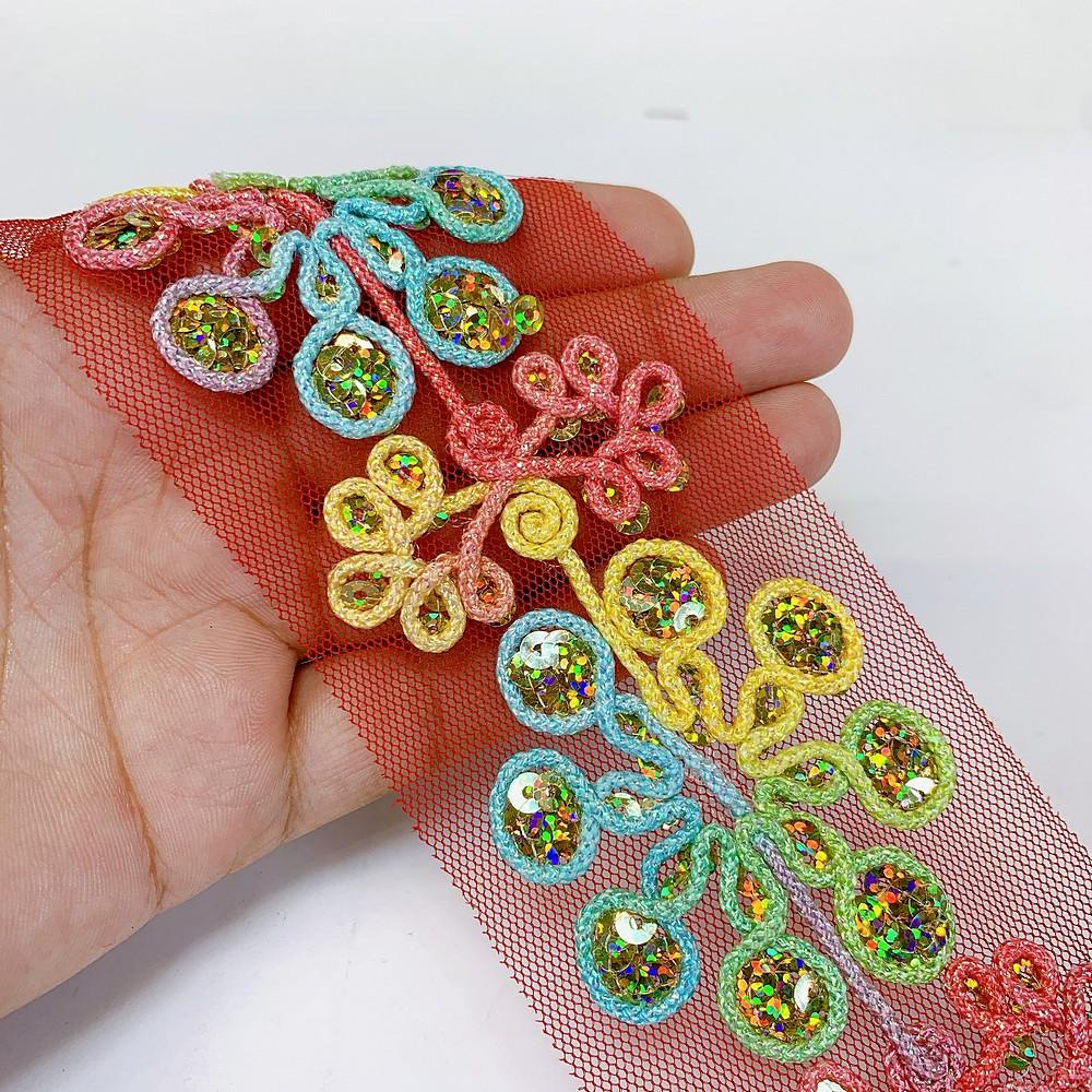 65mm Designer Embroidery Lace With Multicolour Sequins And Dori Work, view 1