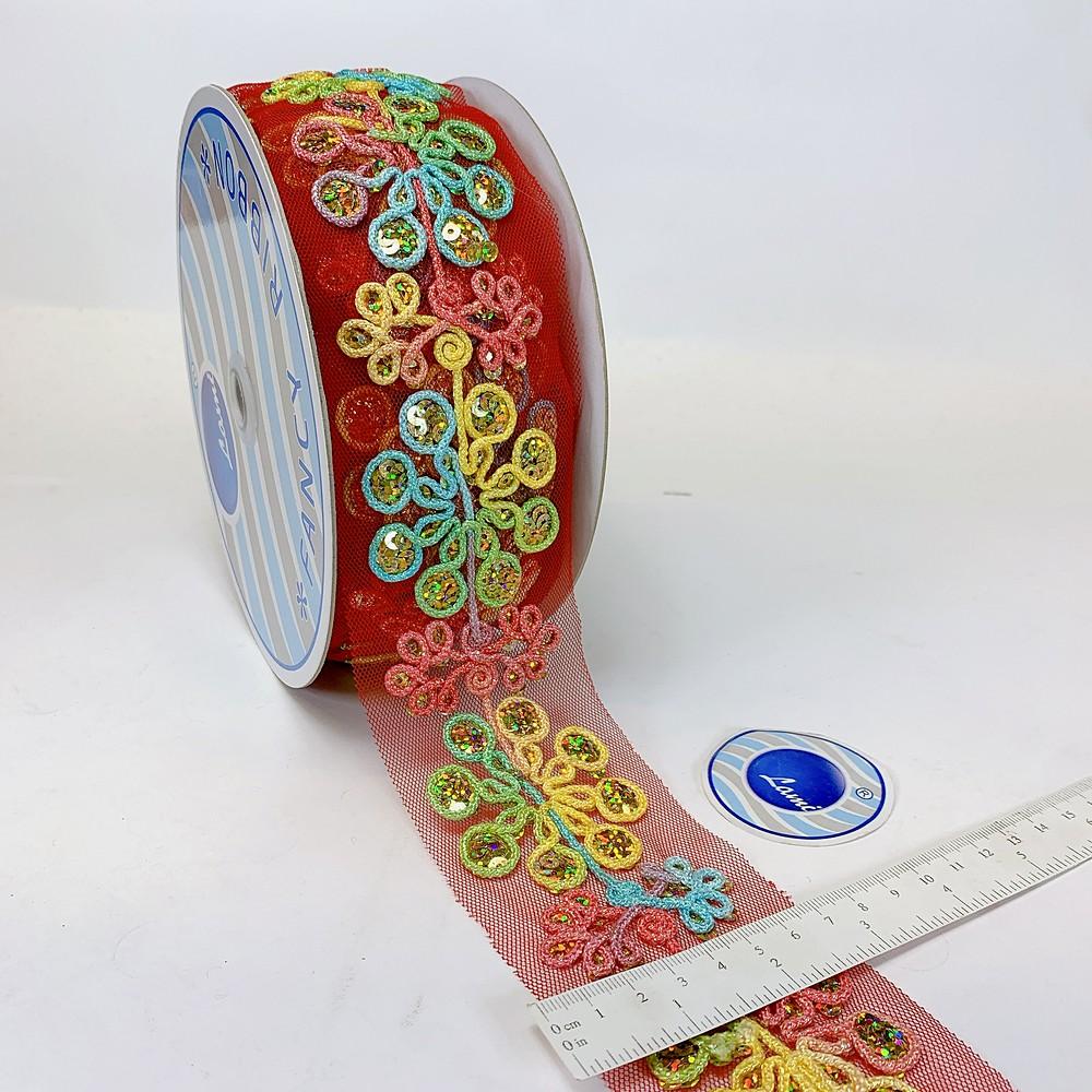 65mm Designer Embroidery Lace With Multicolour Sequins And Dori Work, view 2