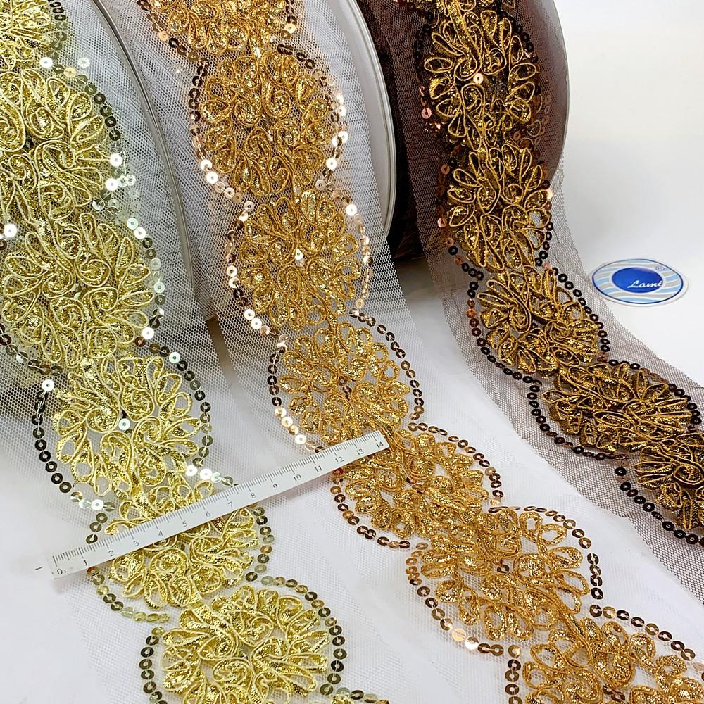 92 mm Flower Design Embroidery Lace With Sequins Work, view 3