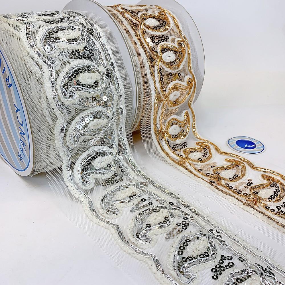 103 mm Designer Embroidery Lace With Sequins Work, view 3
