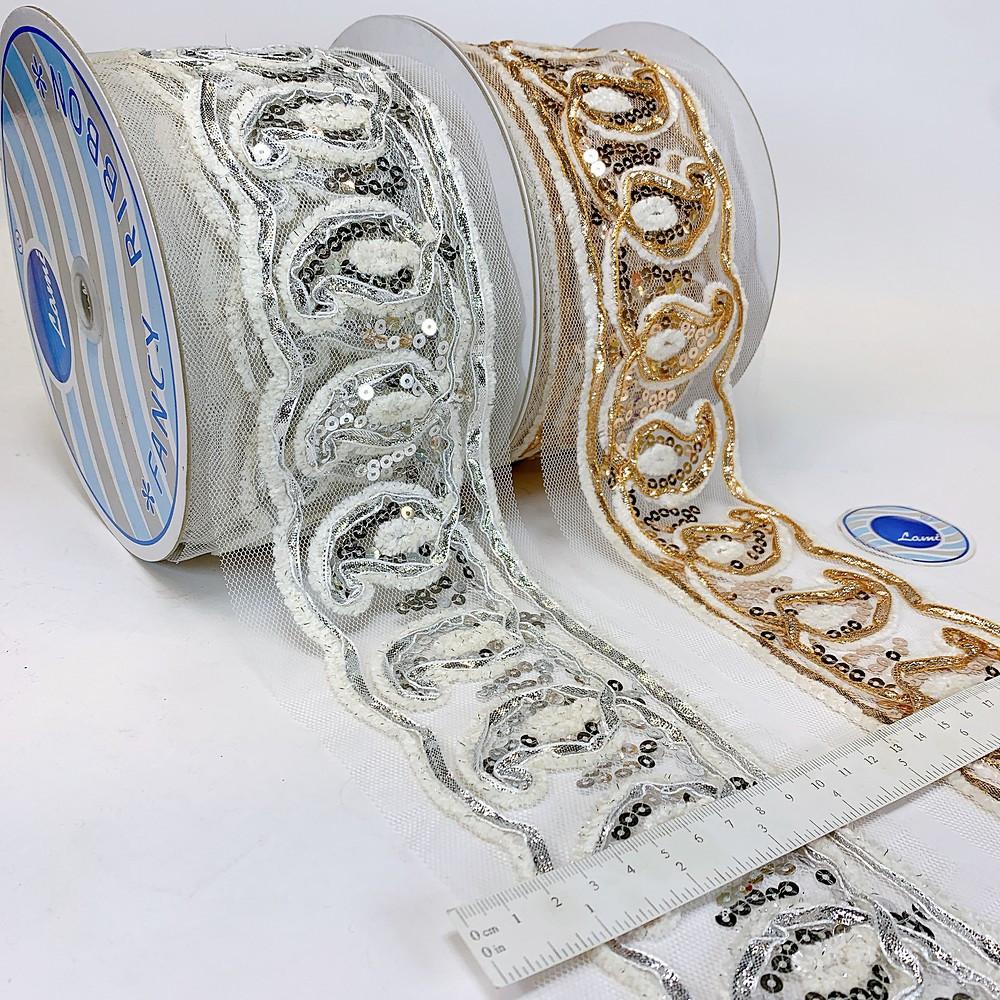 103 mm Designer Embroidery Lace With Sequins Work, view 2
