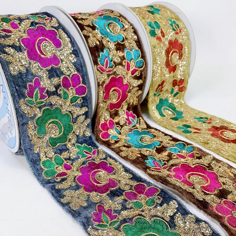 95mm Designer Velvet Embroidery Lace With Sequins Work, view 3