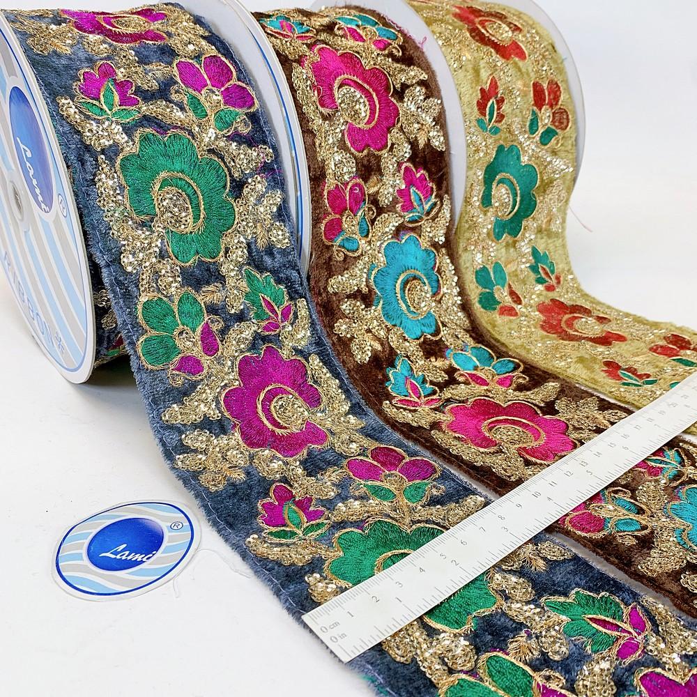 95mm Designer Velvet Embroidery Lace With Sequins Work, view 1