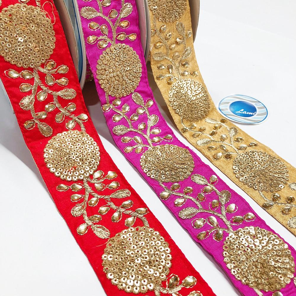 50mm Round Sequins Work Design Embroidery Lace With Stone Work, view 2