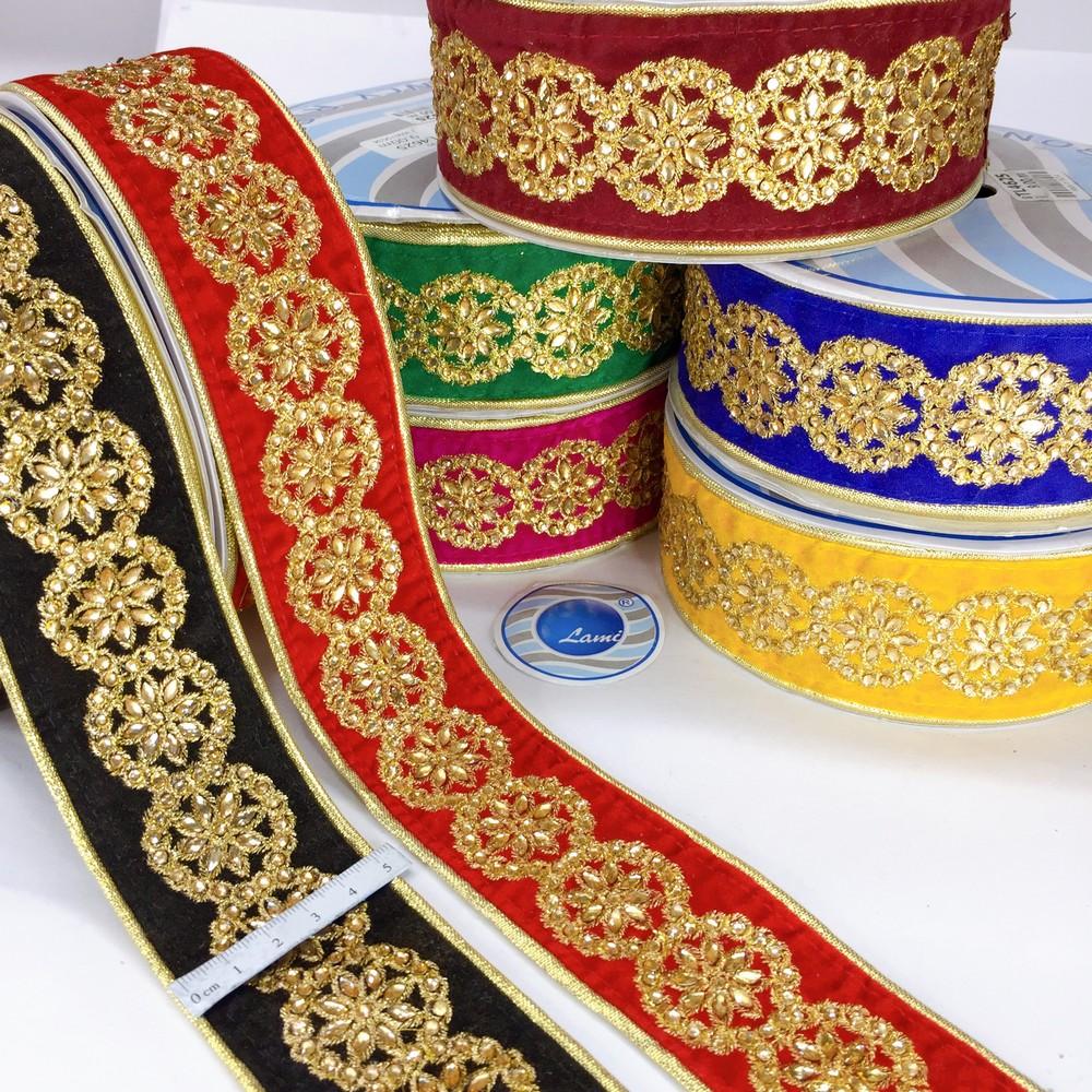 44 mm Designer Embroidery Lace With Stone And Golden Piping, view 3