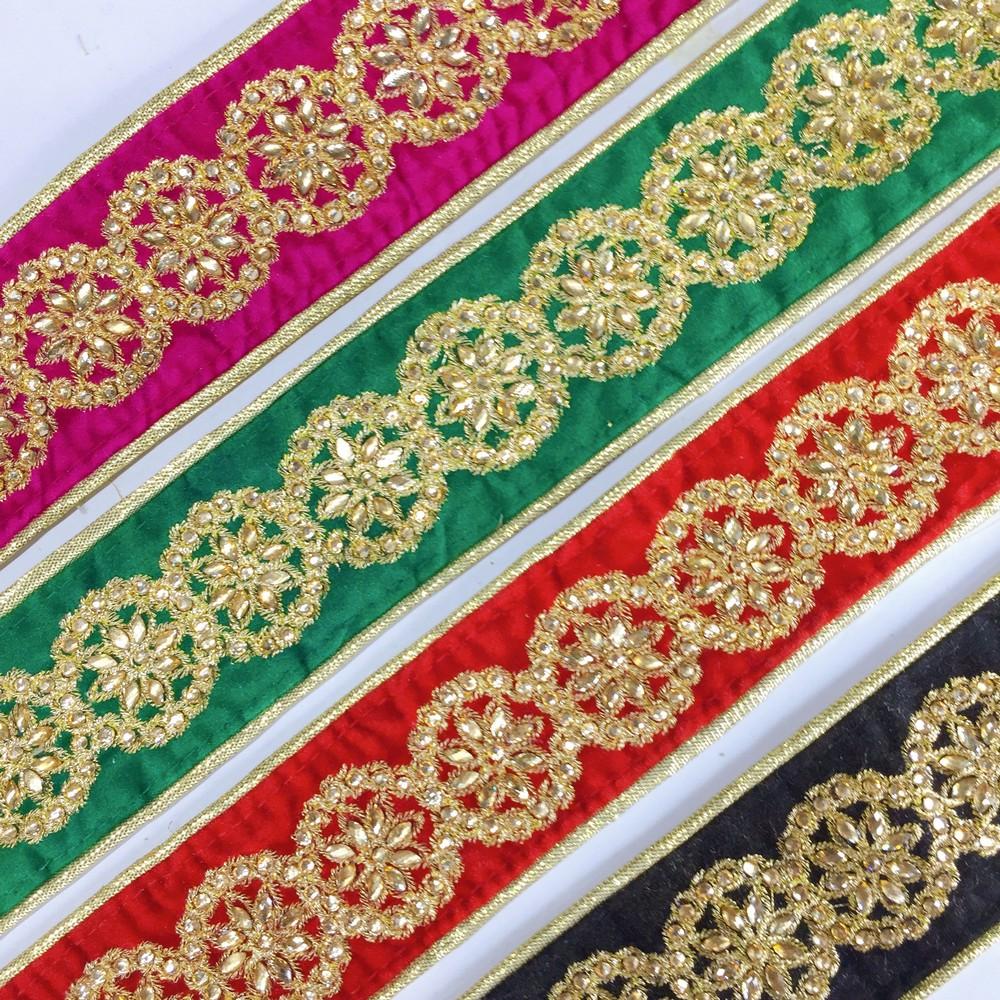 44 mm Designer Embroidery Lace With Stone And Golden Piping, view 2