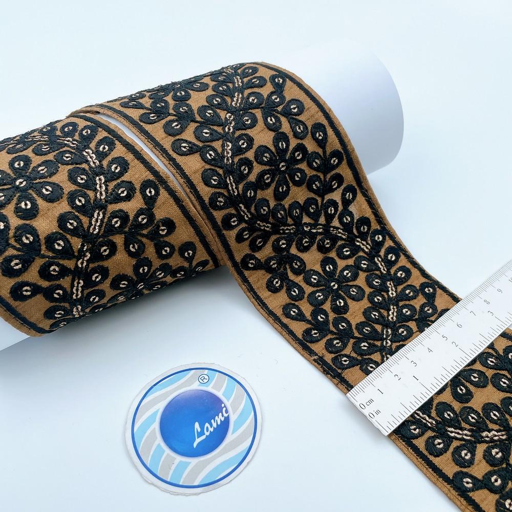 70mm Elegant Black & Gold Embroidered Lace, view 1