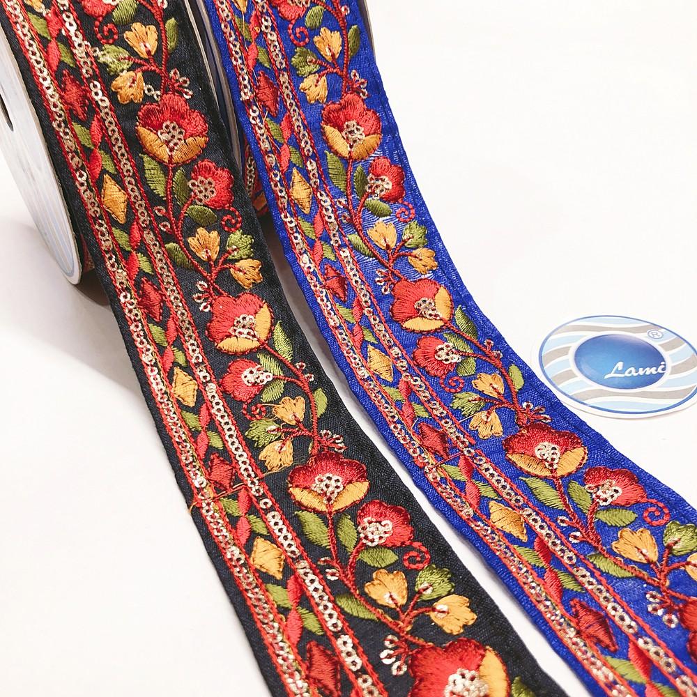 50mm Designer Embroidery Lace With MultiColour Threads And Sequins Work, view 1