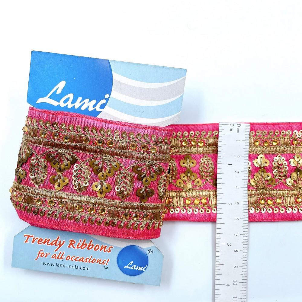 65mm Festive Pink Embroidered Ribbon – Sequin & Zari Leaf Design – 1 Meter Pack, view 1