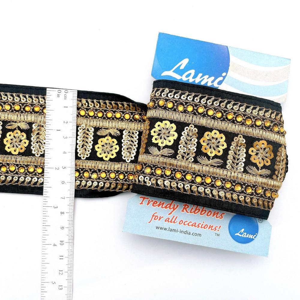 72mm Elegant Black Embroidered Ribbon – Floral Motif with Sequins & Stones – 1 Meter Pack, view 1