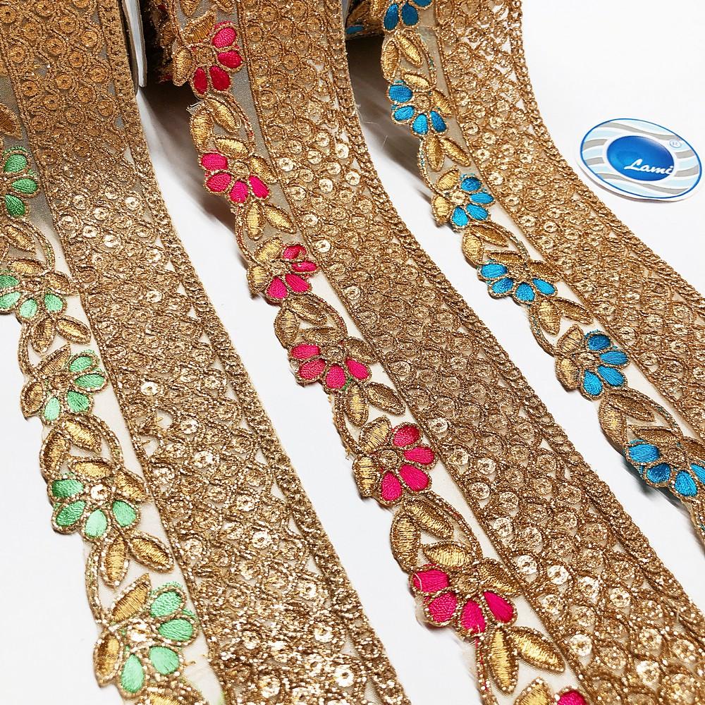60mm Flower Design Cutwork Embroidery Lace With Sequins And Dori Work, view 2