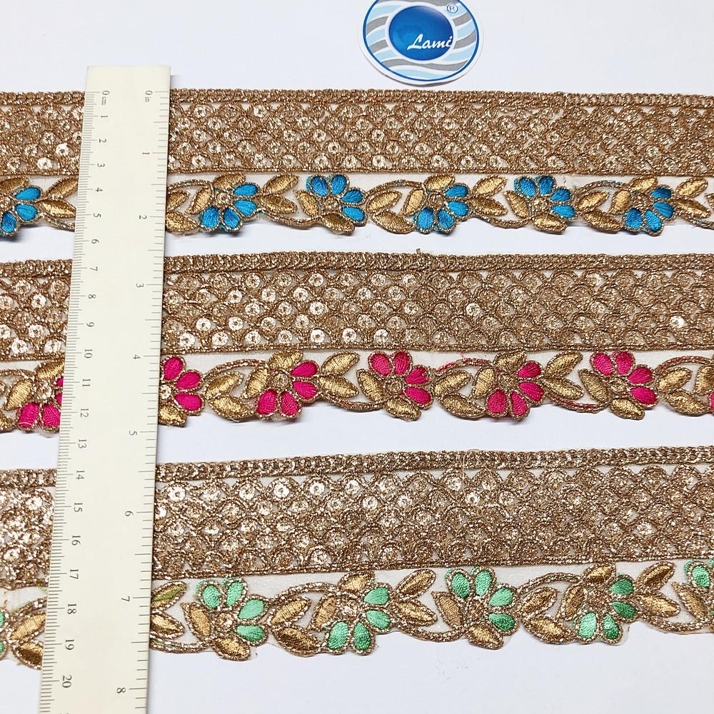 60mm Flower Design Cutwork Embroidery Lace With Sequins And Dori Work, view 1