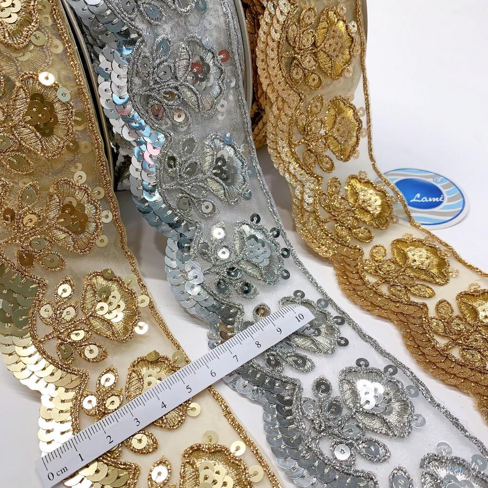56 mm Designer Flower Cutwork Embroidery Lace With Sequins And Dori work, view 3