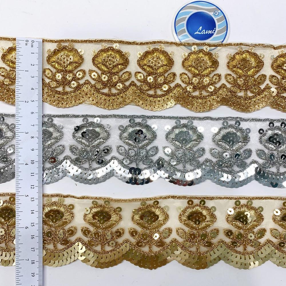 56 mm Designer Flower Cutwork Embroidery Lace With Sequins And Dori work, view 1