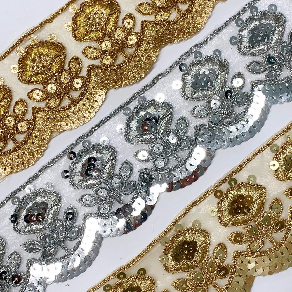 56 mm Designer Flower Cutwork Embroidery Lace With Sequins And Dori work, view 2