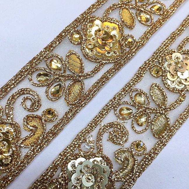 28 mm Designer Sequins Embroidery Lace With Stone And Dori Work, view 3