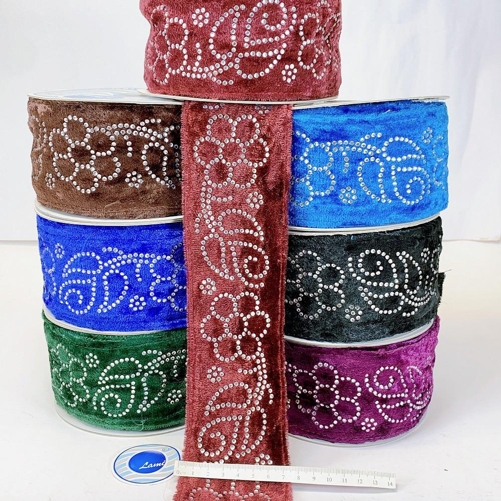 65mm Designer Velvet Lace With Flower Design Stone Work, view 5