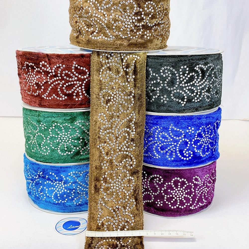 70mm Designer Velvet Lace With Flower Design Stone Work, view 5