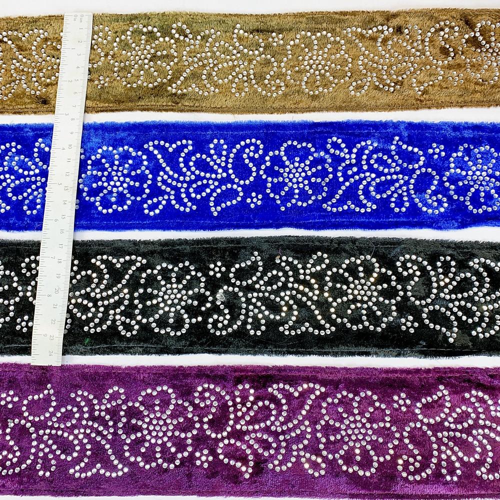 70mm Designer Velvet Lace With Flower Design Stone Work, view 1